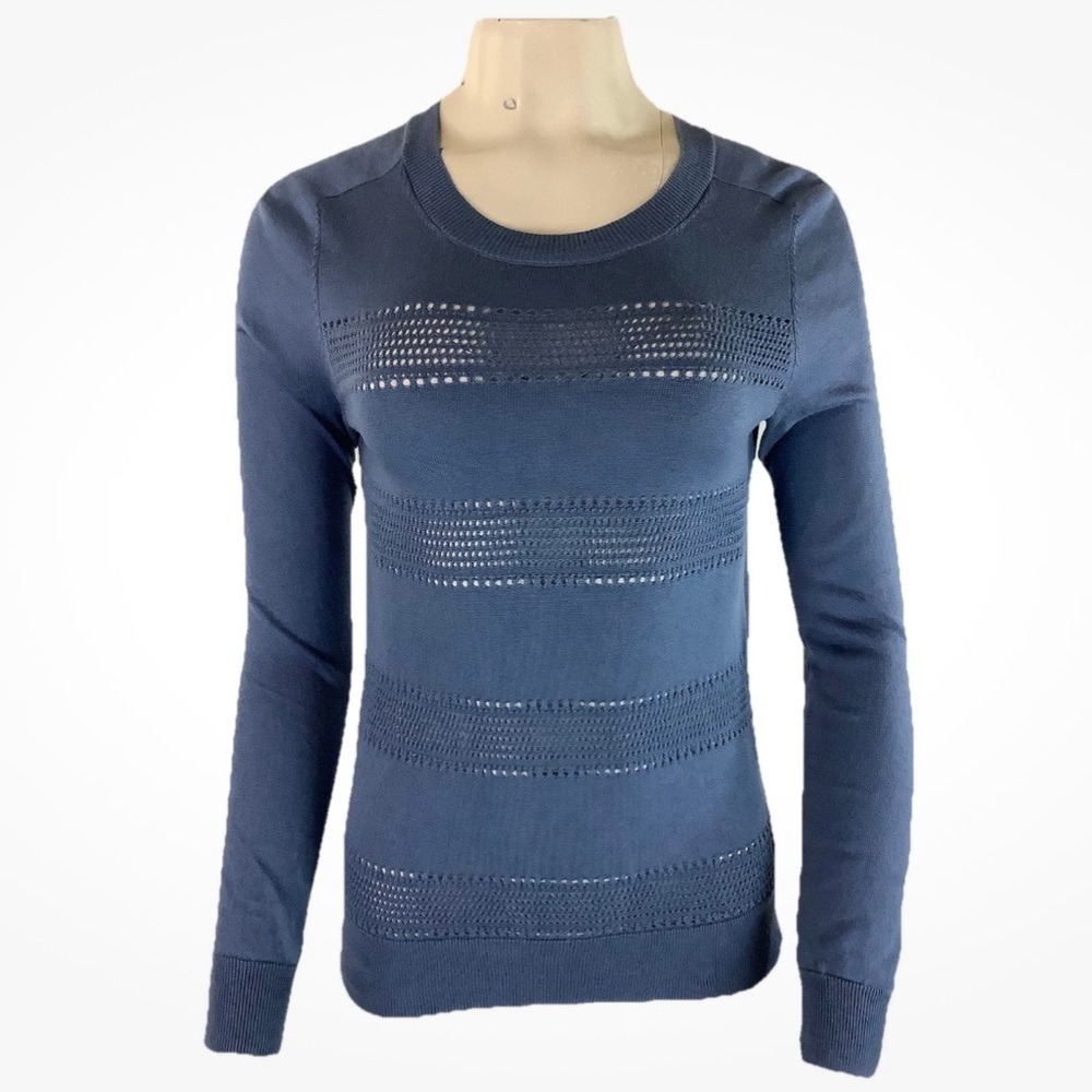 Athleta Sz XS Pointelle Open Knit Lightweight Sweater Blue Lyocell Wool Blend